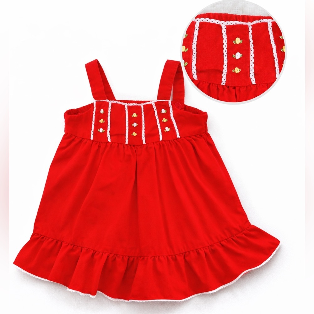 Vintage Red Velvet Pinafore Dress Floral Embroidery Lace 18–24M